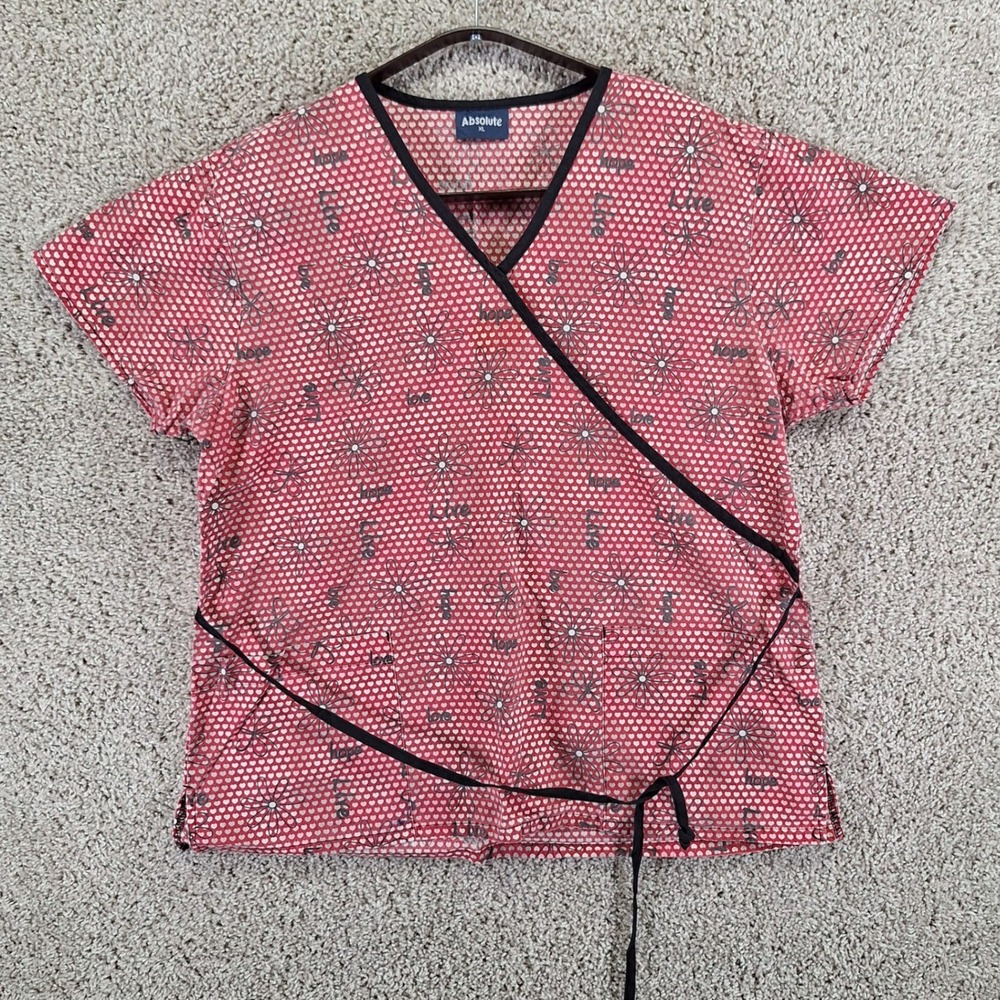 Absolute Scrub Top Womens XL Red Heart Floral Mock Wrap Nursing Medical